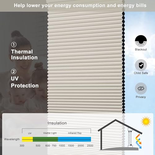 Changshade Cordless Cellular Shades, Blackout Room Darkening Black Out Honeycomb Blinds for Indoor Windows Bedroom, Pull Down Pleated Accordion Blind Easy Install, Shade Size 44" Wx72 H, Beige
