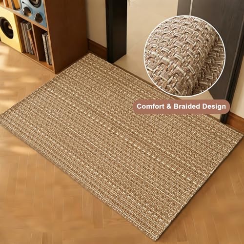 Tan Brown Boho Braided Entryway Rug 2x3 ft,Solid Indoor Small Area Doormat