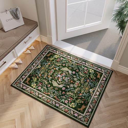Rugcomf Door Mat 2x3 Small Area Rug Floral Washable Non Slip, Emerald Green