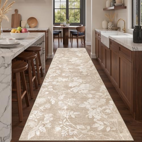 Soalmost Floral Runner Rug 2.5x10 for Hallway,Washable Soft Neutral Rug Tan