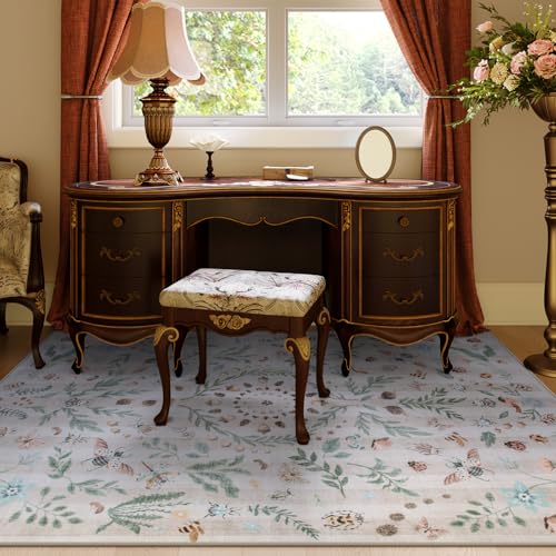 Lahome Washable Insect Botanical 5x7 Area Rugs for Nursery - Machine Washable Non-Slip Beige Bedroom Rug, Boho Low Profile Soft Faux Wool Carpet for Living Room Laundry Playroom Dining Room