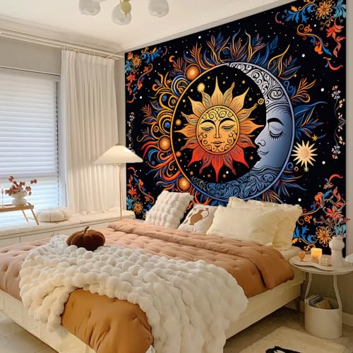 Apdidl Hippie Sun and Moon Tapestry Wall Hanging for Bedroom Aesthetic, Boho Bohemian Hippy Mystic Floral Tapestries, Mandala Floral Backdrop Decor for Living Room Dorm (51"X60")