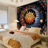 Apdidl Hippie Sun and Moon Tapestry Wall Hanging for Bedroom Aesthetic, Boho Bohemian Hippy Mystic Floral Tapestries, Mandala Floral Backdrop Decor for Living Room Dorm (51"X60")