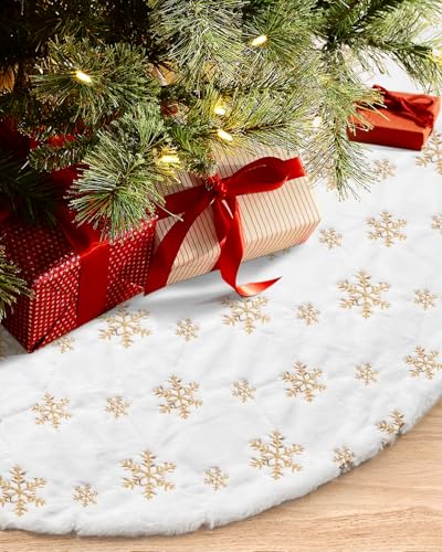 COOLWUFAN 60 Inches Faux Fur Christmas Tree Skirt for Xmas Tree Holiday Party Decoration White Plush Gold Sequin Snowflake (Gold)