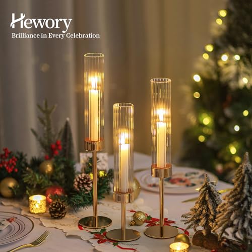 Hewory Gold Hurricane Candle Holders: 12 PCS Tall Taper Candlestick Candle Holders Bulk for Candlesticks Candle Sticks Holder Decor for Table Centerpiece Wedding Party Christmas Decorations