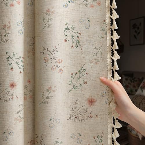 Boho Floral 100% Blackout Curtains for Bedroom 84 Inch Length 2 Panels Set, Linen Texture Farmhouse Curtains Beige Tassel for Living Room Vintage Rustic Patterned Printed Western Rod Pocket