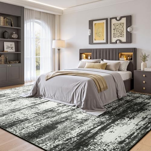 6x9 Black White Washable Area Rug Non-Slip Faux Wool Abstract Rug