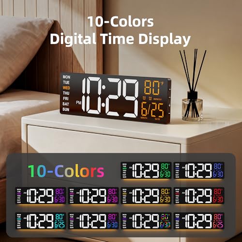 EASYERA 16.5" Large Digital Wall Clock with Anti-Glare Display, RGB Lights with 10 Scenes Mode Remote Control, Adjustable Brightness, Dual Alarms, Auto DST, BT Sync, Temperature for Living Room