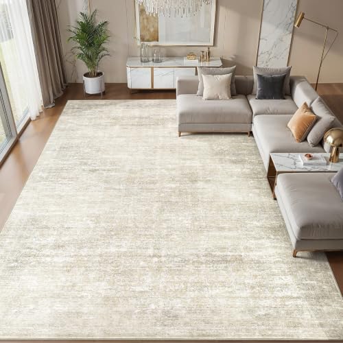 9x12 Area Rug for Living Room, Abstract Washable Carpet, Pale Beige