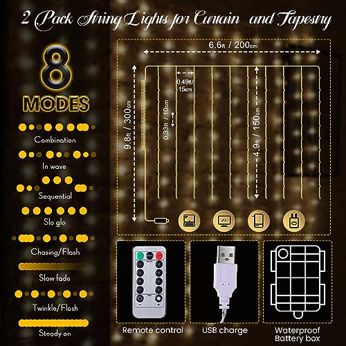 Tuanse 195 LED Curtain Tapestry Lights Backdrop String Lights, 6.5 x 5 Feet Hanging Fairy Curtain Light with 8 Lighting Modes and Remote for Bedroom Window Wall Indoor Outdoor Graduation Decor 1 Pack
