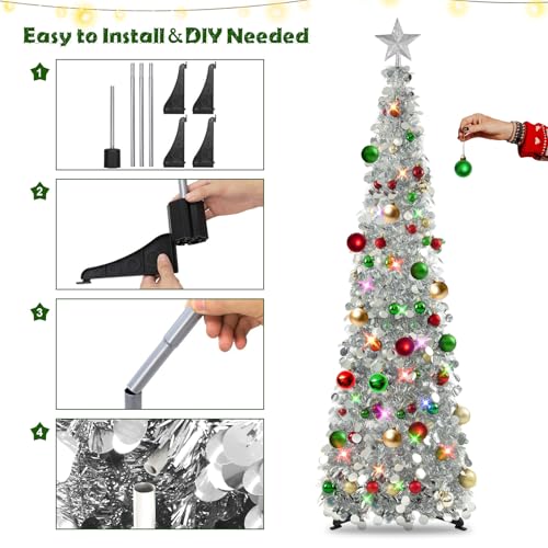 N&T NIETING Pop Up Christmas Tree with Lights & 30 Balls, 5Ft Collapsible Silver Tinsel Christmas Tree Decoration for Holiday Home Office Decor