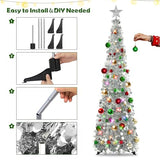 N&T NIETING Pop Up Christmas Tree with Lights & 30 Balls, 5Ft Collapsible Silver Tinsel Christmas Tree Decoration for Holiday Home Office Decor