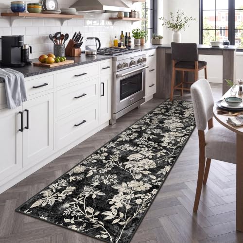 Soalmost Washable Runner Rug 2x8, Floral Hallway Runner Rug Non Slip Black