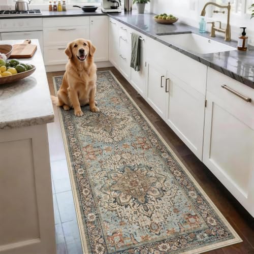 Washable 2x8 Runner Rug, Blue Vintage Floral Non-Slip for Hallway, Kitchen