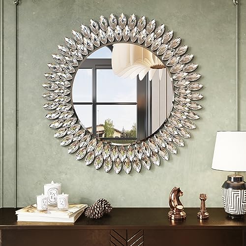 Kelly Miller 26" Jeweled Luxury Round Decorative Wall Mirror | Elegant diamond beveled vanity mirror. Perfect wall mirror for living room, bedroom, entryway.