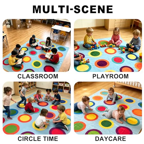 Large Classroom Rugs Elementary 6'7'' x 8'6'', Machine Washable Classroom Rug with Colorful Rings for Daycare & Preschool, Soft Non Slip Carpet for Kids Room Playroom, Seats 20 (Blue)