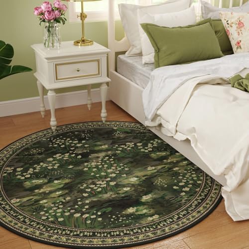 Rugcomf Circle Rug Impressionist-Style Vintage Round Rug 4ft Non Slip Low Pile Small Circular Rug for Bedroom Bathroom Entryway Kids Room Office College Dorm, Green