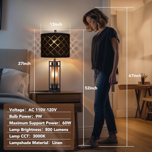 Modern Table Lamp Set of 2, Nightstand Lamps with Black Grid Shade, Bedside Lamps with USB A+C Charging Ports, Decorative Table Lamp, Square Base, Desk Lamps for Living Room, Bedroom, 2 Bulbs Included