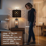 Modern Table Lamp Set of 2, Nightstand Lamps with Black Grid Shade, Bedside Lamps with USB A+C Charging Ports, Decorative Table Lamp, Square Base, Desk Lamps for Living Room, Bedroom, 2 Bulbs Included