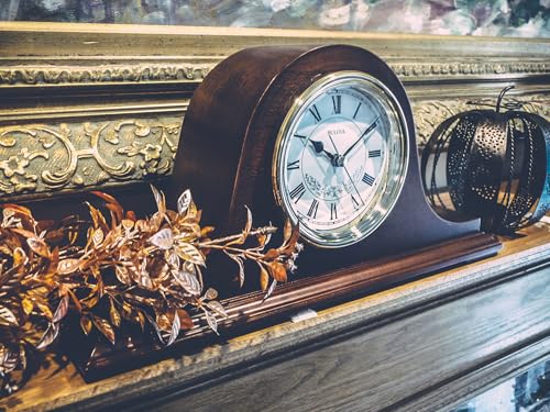 Bulova B1929 Bulova Annette I Chiming Mantel Clock, Model B1929 | Classic Mahogany Finish | Westminster Melody on the Hour | Battery Powered I Chiming Clock
