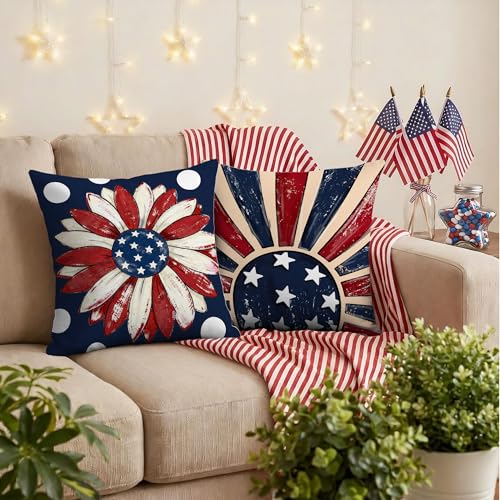 Hexagram 4th of July Pillow Covers 18x18 Patriotic Throw Pillow Covers July 4th Decorations American Flag Set of 4 Decor Star Independence Memorial Day Home Decor