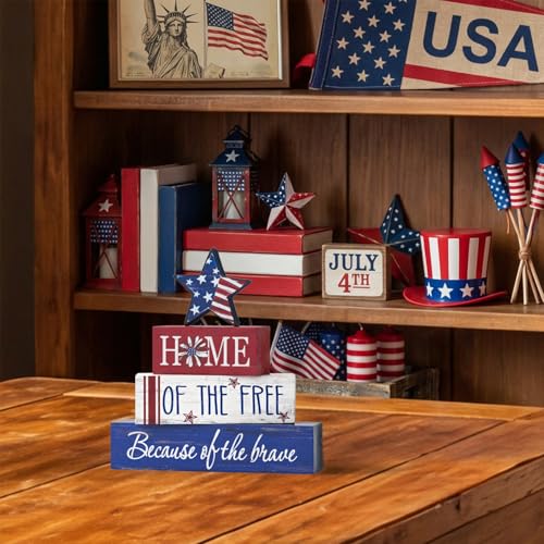 Smile Veterans Day Patriotic 4th of July Indoor Wooden Decor, Home of Free Tiered Tray Farmho – lifestyle view