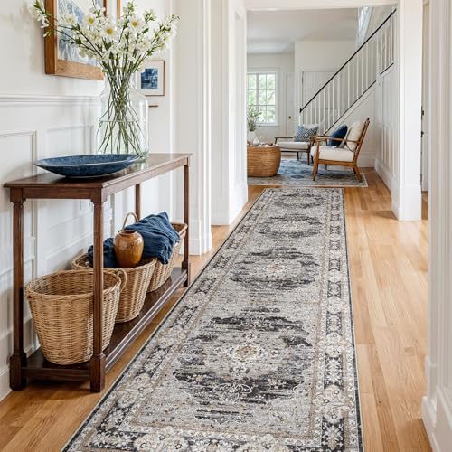 3x14 Washable Hallway Runner Rug - Non-Slip Vintage Kitchen Rugs Black Gray