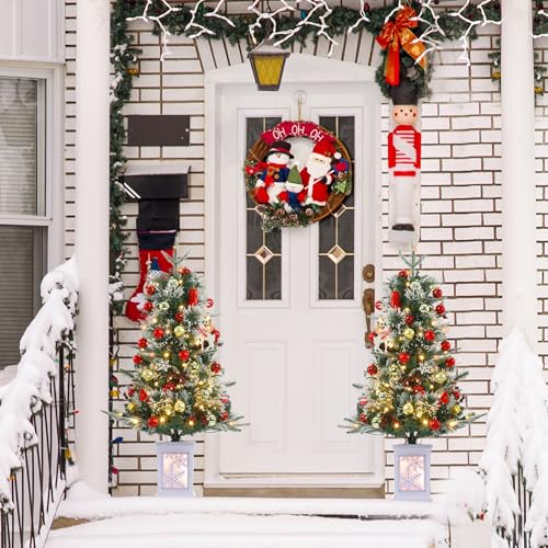 3 Ft Pre-Lit Christmas Tree, Artificial Christmas Trees with Lighting Snowflake Base, Snow Flocked Xmas Trees with 70 LED Lights, Battery Operated and Timer Function, Christmas Decoration for Home