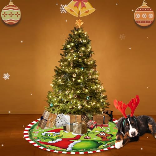 48 Inch Christmas Tree Skirt - Soft and Funny Farmhouse Christmas Tree Collar with Red & Green Trim Decor Xmas Holiday Decoration (Style A)