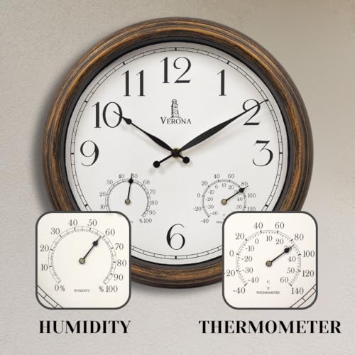 Outdoor Clocks for Patio Waterproof with Thermometer - 14 inch Indoor Outdoor Clock with Temperature and Humidity - Weatherproof, Accurate & Easy to Read Wall Clock for Pool, Patio, Garden &Home Decor
