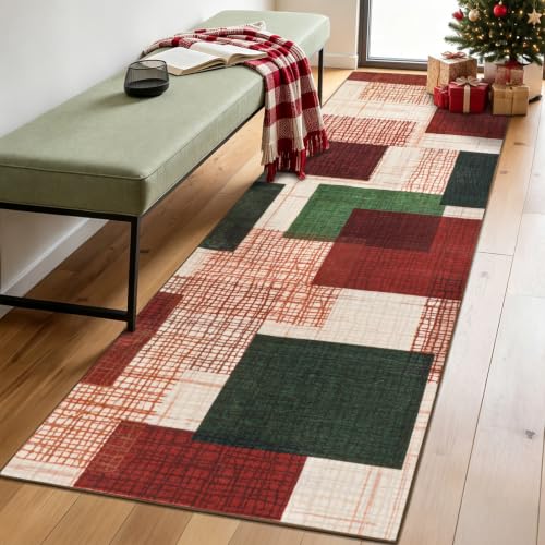 Washable 2x6 Christmas Runner Rug for Hallway Kitchen, Red-Green