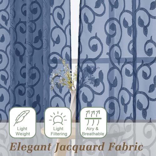 Dusty Blue Sheer Curtains 84 Inches Long 2 Panels Set for Bedroom Living Room, Soft Solid Airy Elegant Geometric Jacquard Clip Light Filtering Curtains Drapes, 2Pcs Total Wide 84" Inch