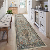 Washable 2x8 Runner Rug, Blue Vintage Floral Non-Slip for Hallway, Kitchen
