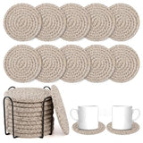 OIAHOMY 10 Pcs Drink Coasters with Holder, Boho Cotton Woven Coaster Set, Absorbent Coaster Protection for Various Cups, Ideal for Coffee Tables Home Decor and Gift, 4.3 Inches, Brown