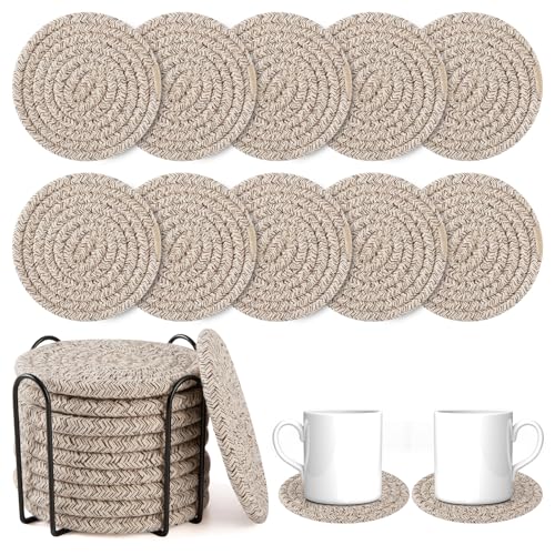 OIAHOMY 10 Pcs Drink Coasters with Holder, Boho Cotton Woven Coaster Set, Absorbent Coaster Protection for Var