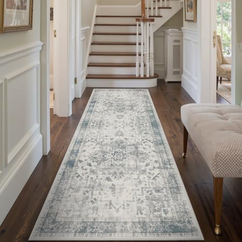 Rugxara 2x6 Washable Runner Rug, Non Slip Boho Runner Rugs for Hallway, Kitchen, Entrance, Bathroom, Laundry Room, Soft Ultra-Thin Entryway Carpet, Throw Low Pile Retro Imitation Carpet, Blue Grey
