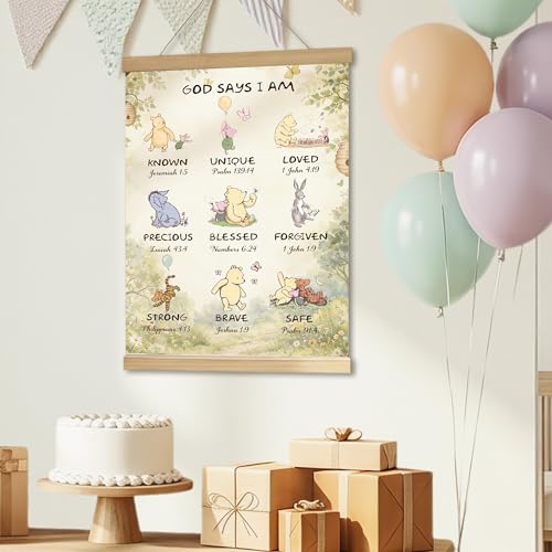 WUAWN God Says I Am Winnie The Pooh Room Decor，Biblical Affirmations for Kids Wall Art,Winnie The Pooh Baby Decorations for Nursery,Wooden Hanging Rod Religious Gifts-03