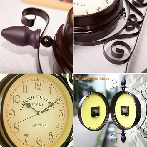 WOOCH Wrought Iron Antique-Look Brown Round Wall Hanging Double Sided Two Faces Retro Station Clock Round Chandelier Clock with Scroll Wall Side Mount Home Décor Wall Clock 8-inch