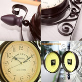 WOOCH Wrought Iron Antique-Look Brown Round Wall Hanging Double Sided Two Faces Retro Station Clock Round Chandelier Clock with Scroll Wall Side Mount Home Décor Wall Clock 8-inch