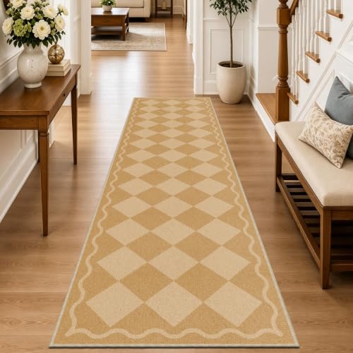Checkered 2x8 Hallway Runner Rug Non Slip , Diamond Beige