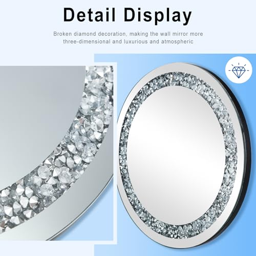 28 Inch Crushed Diamond Round Glass Wall Mirror, Bathroom Mirror, Wall Decoration Hanging Mirror, Suitable for Living Room, Bedroom, Vanity