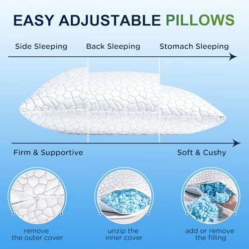 Cooling Pillows King Size Set of 2, Firm Shredded Memory Foam Pillows for Side Back Stomach Sleepers, Two-Sided Cool Neck Pillow for Neck Shoulder Pain, Luxury Gel Cold Bed Pillow for Hot Sleepers