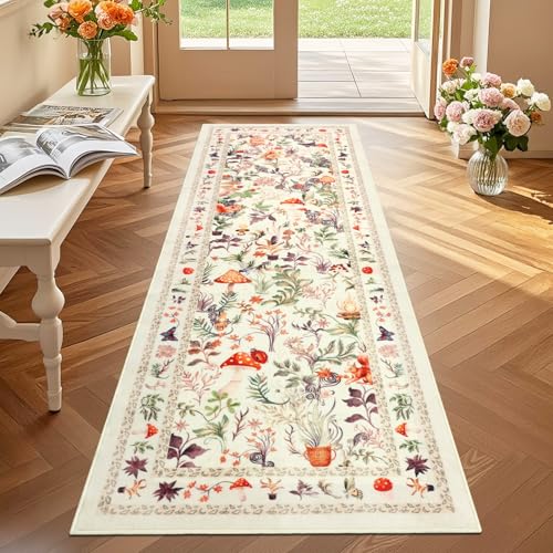 nesrt Cute Runner Rugs for Hallway 2x6ft, Non Slip Fantasy Kitchen Rug Washable, Soft Thin Jungle Fox Bedside Runners, Cute Woodland Accent Floor Carpet for Bedroom Hall Bathroom Laundry (Beige)