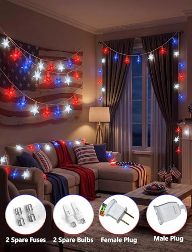 13.6Ft LED Red White and Blue Star String Lights, 4th of July Decorations Lights Outdoor with 35 LED Patriotic Star Lights Plug in, Hanging Patriotic Lights for Independence Day Party Patio Garden