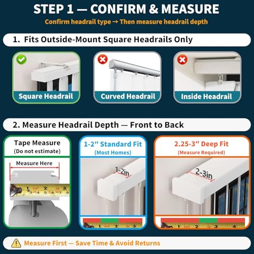 Over Blinds Curtain Rod Brackets for 1–2" Headrail Depth, Black 2PK | No Drill | Measure Before Ordering | Outside-Mount Blinds | Secure E-Clamp Grip