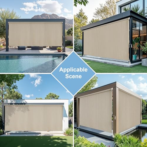AOSKY Sun Shades Outdoor Patio - Cordless Outdoor Roller Shades for Porch, Roll Up Blinds Cloth for Pergola Balcony Backyard Windows, 96" W x 96" H, Sesame