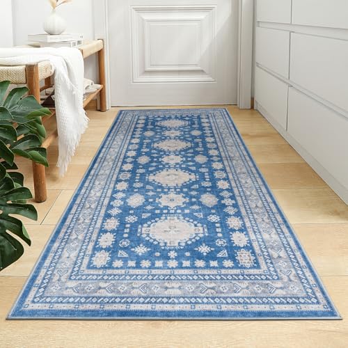 2x5 Runner Rug Washable Non Slip Small Throw Mat for Entry, Hallway, Blue
