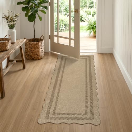 LIVEBOX Scalloped Easy Jute 2x5 Runner Kitchen Rug, Washable Non Slip Tan Rugs for Entryway Hallway, Indoor Outdoor Rug Geometric Farmhouse Carpet Door Mat Runners for Porch Bedroom Laundry Room