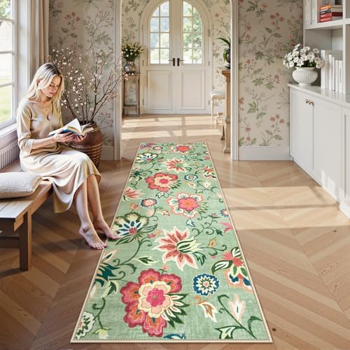 Floral Kitchen Runner Rugs Non Skid Washable, Low Pile Ultra Thin Rug Runners 2x6, Non Slip Paisley Carpet for Laundry Bedroom Entrance Bathroom (Light Green,2'x6')