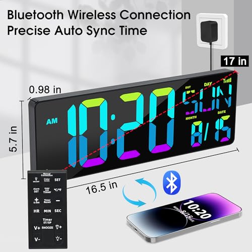 XREXS Large Digital Wall Clock Bluetooth Sync, 17.2" RGB Color Changing Digital Clock with Remote Control, Adjustable Brightness Grandfather Clock, Temperature for Home, Gym and Classroom